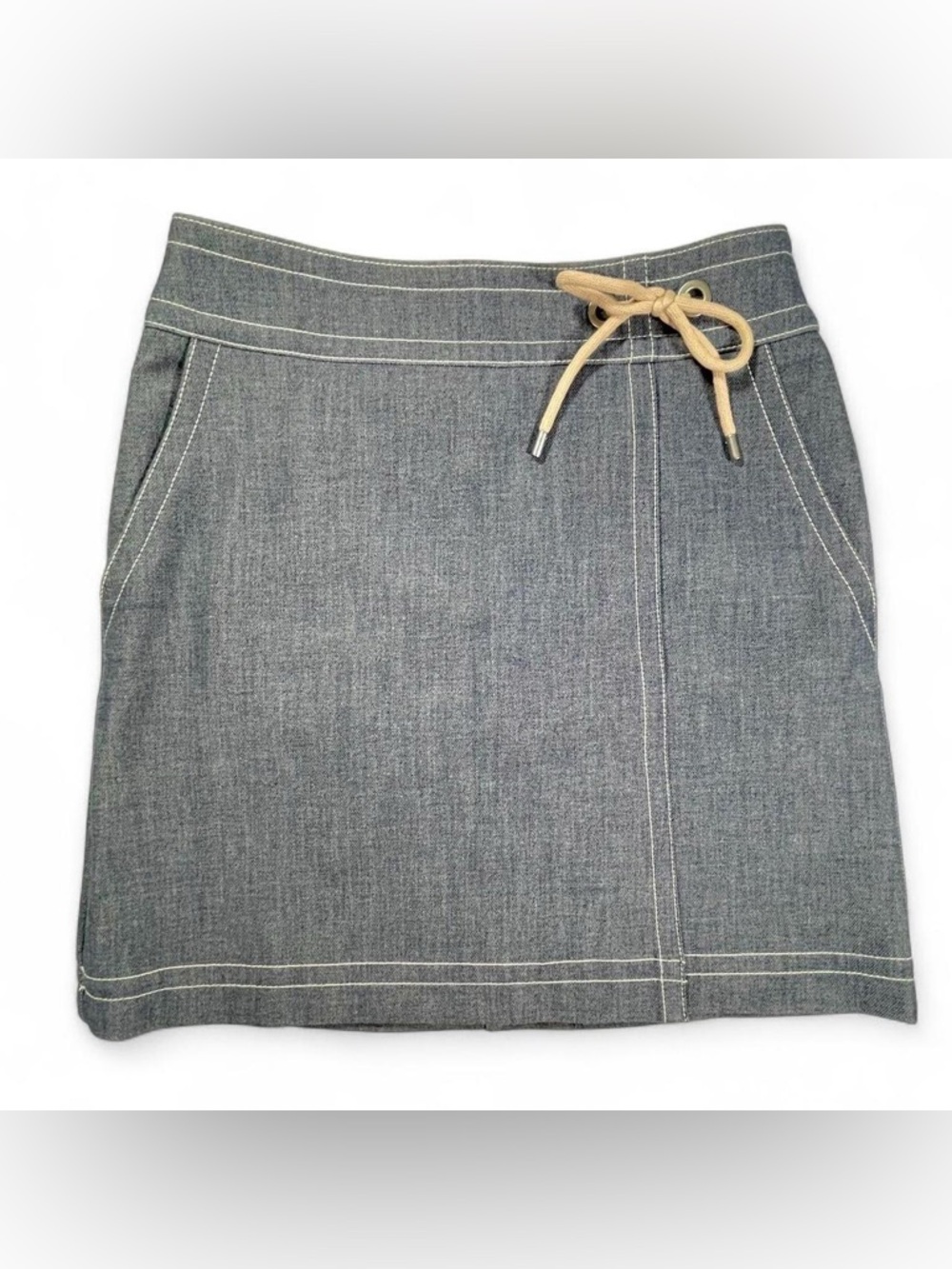Blue Chambray Nautical Drawstring Mini Skirt Pockets Lined ANN TAYLOR